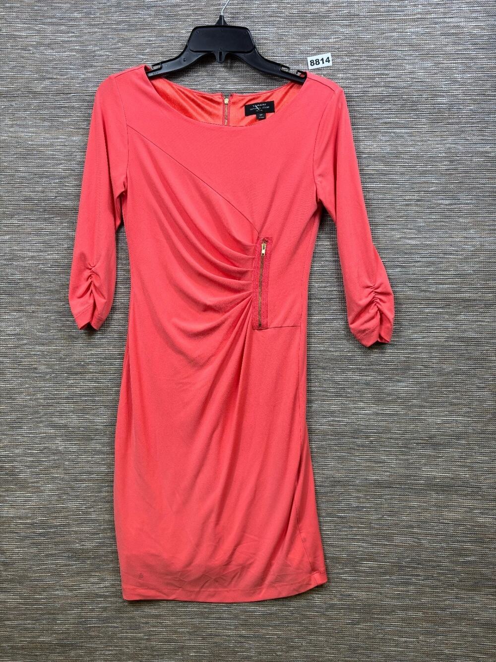 Tahari ASL Levine Ruched Dress Womens Size 2P Coral Casual Career Front Back Zip